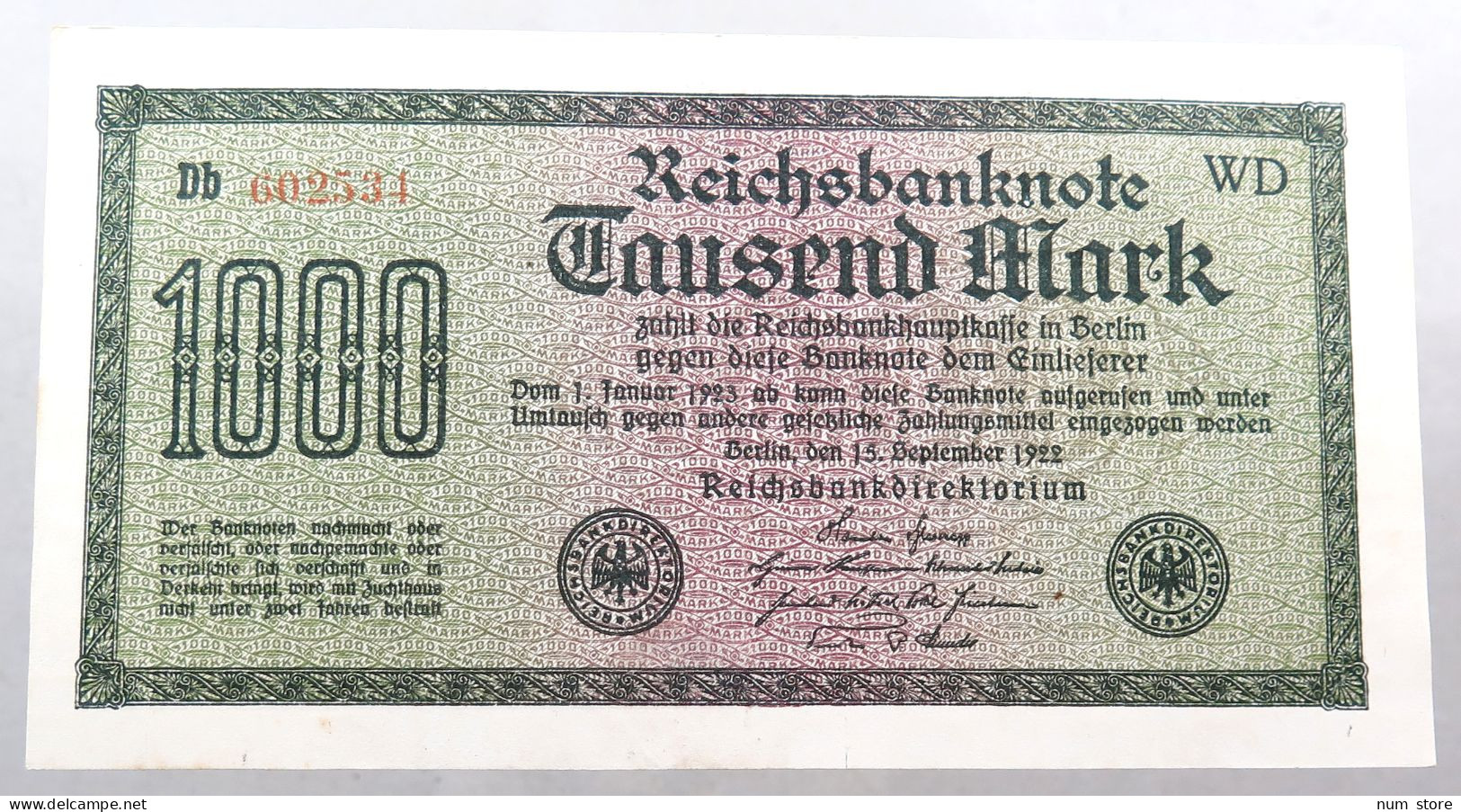 WEIMARER REPUBLIK 1000 MARK 1922  #alb052 0299 - 1.000 Mark