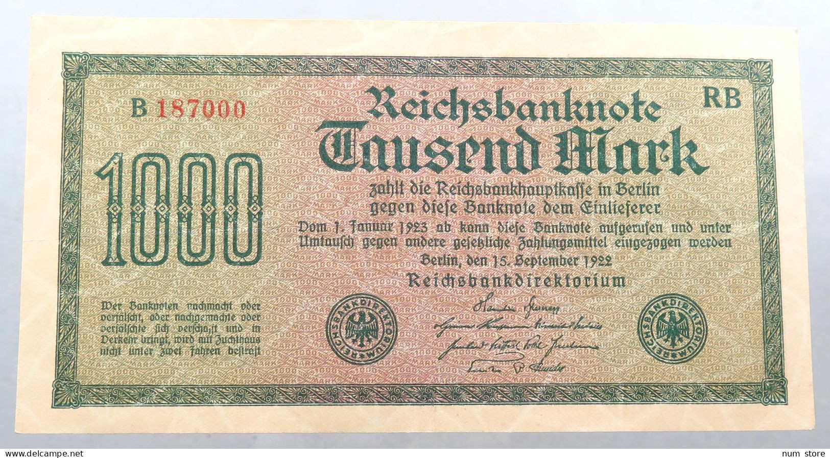 WEIMARER REPUBLIK 1000 MARK 1922  #alb052 0291 - 1000 Mark