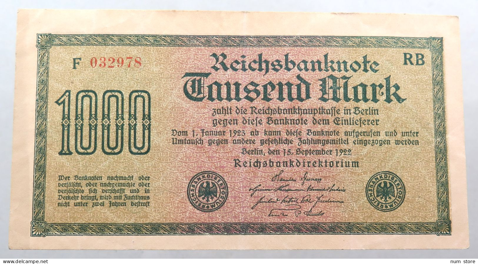 WEIMARER REPUBLIK 1000 MARK 1922  #alb052 0287 - 1000 Mark