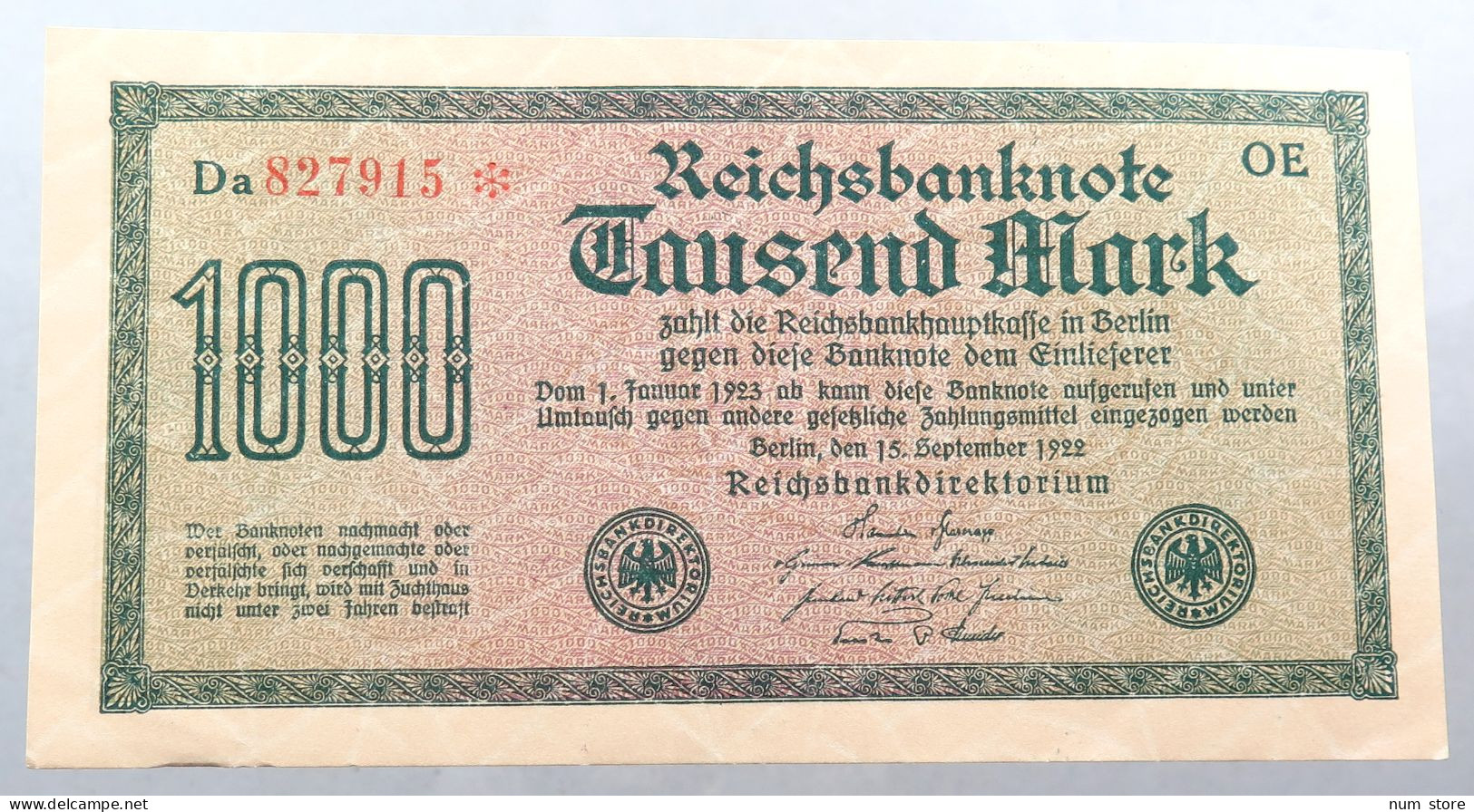 WEIMARER REPUBLIK 1000 MARK 1922  #alb052 0289 - 1000 Mark