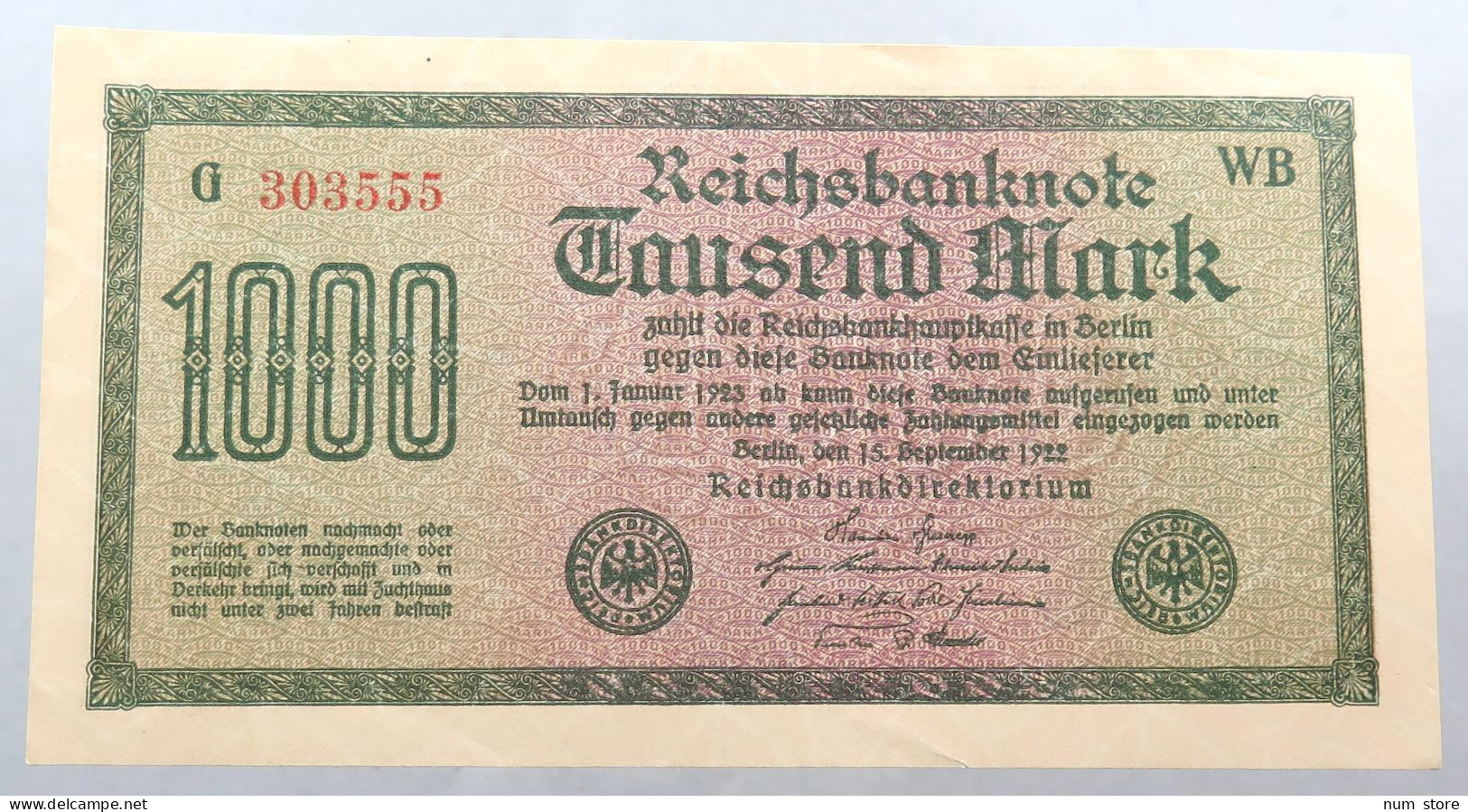 WEIMARER REPUBLIK 1000 MARK 1922  #alb052 0283 - 1000 Mark