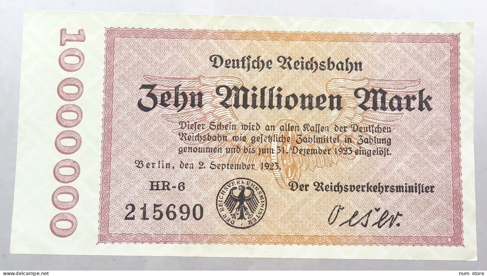 WEIMARER REPUBLIK 10 MILLIONEN MARK 1923 DEUTSCHE REICHSBAHN #alb052 0619 - 10 Miljoen Mark