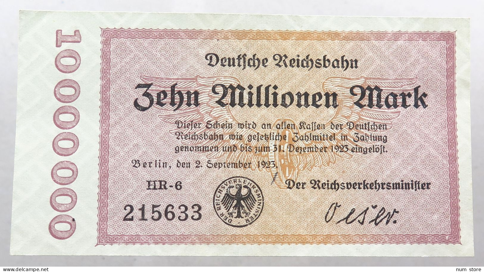 WEIMARER REPUBLIK 10 MILLIONEN MARK 1923 DEUTSCHE REICHSBAHN #alb052 0617 - 10 Millionen Mark