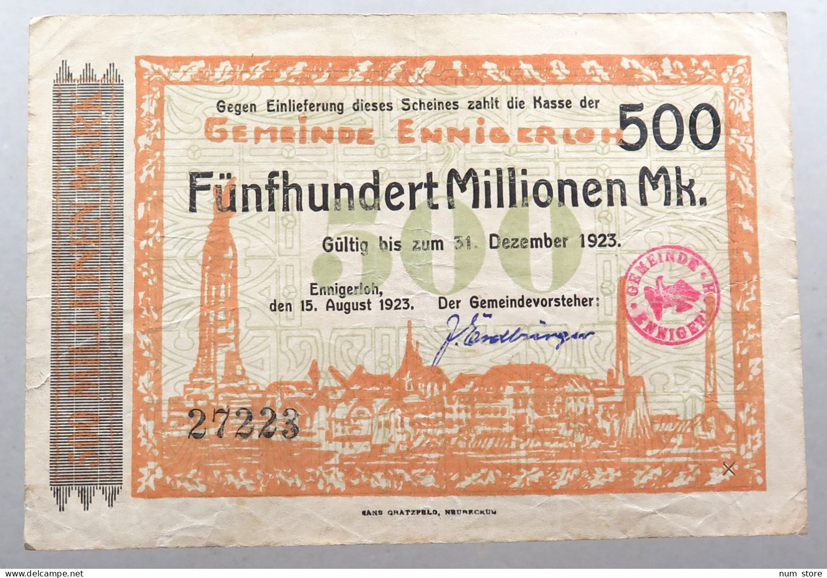 WEIMARER REPUBLIK 500 MILLIONEN MARK 1923 ENNIGERLOH #alb052 0735 - 500 Miljoen Mark