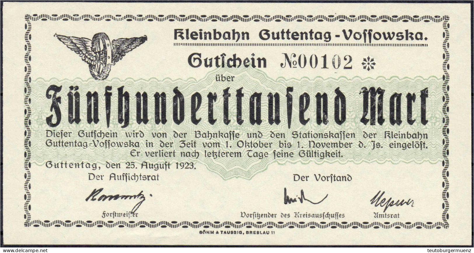 Kleinbahn Guttentag-Vossowska, 500 Tsd. Mark 25.8.1923. Muster Ohne Stempel, Wz. Verschlungene Quadrate. I-, äußerst Sel - [11] Emissions Locales