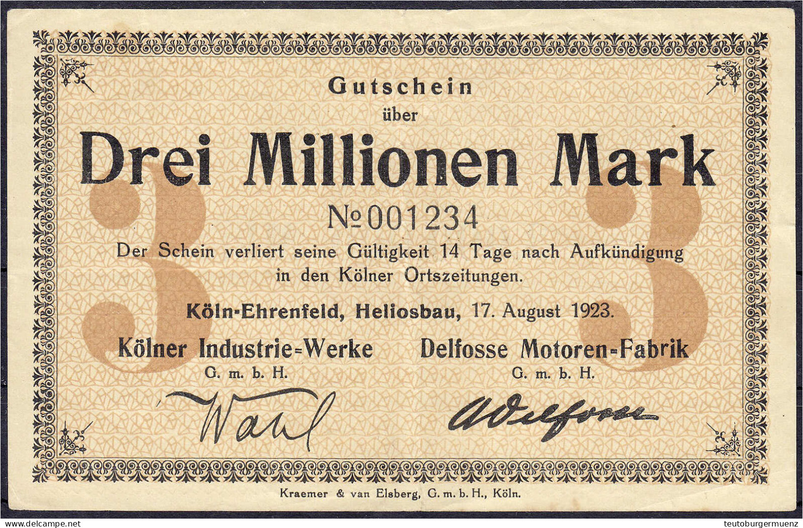 Kölner Industri-Werke U. Delfosse Motoren-Fabrik, 3 Mio. Mark 17.8.1923. KN. 001234. II- Keller 2724a. - [11] Emissions Locales