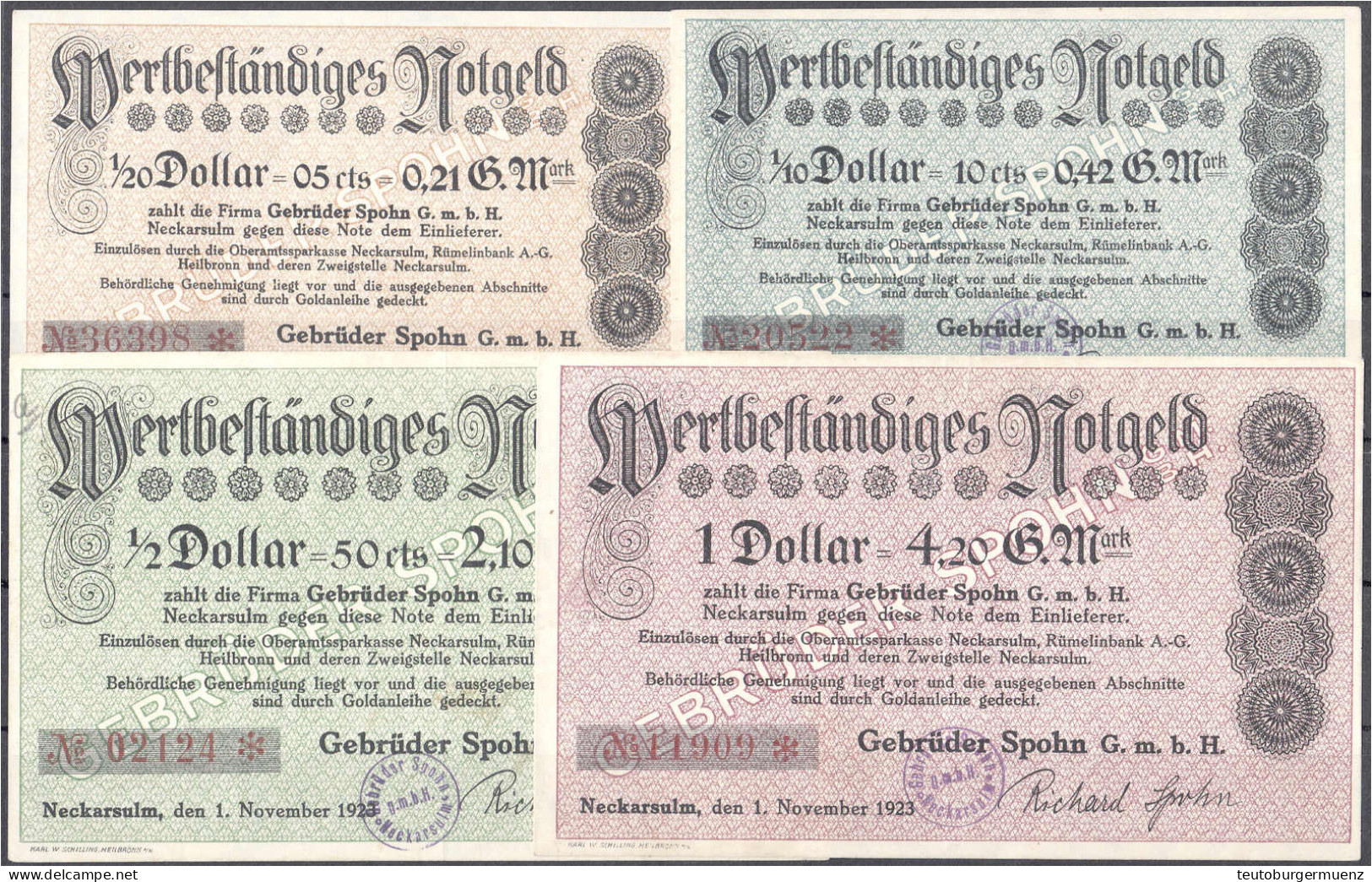 Gebrüder Spohn G.m.b.H., 4 Scheine Zu 0,21, 0,42, 2,10 Und 4,20 Goldmark 1.11.1923. II-III, 1x Kl. Einriss. Müller E. 34 - [11] Local Banknote Issues