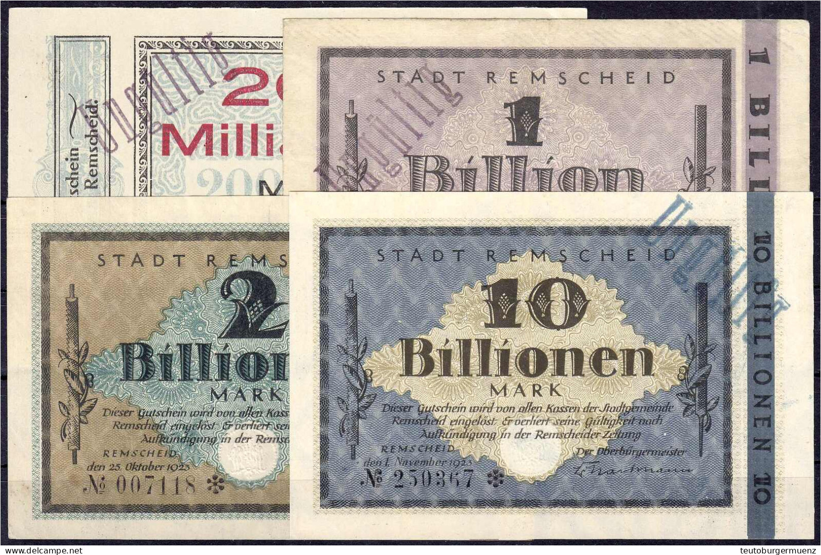 Stadt, 4 Scheine Zu 200 Mrd., 1, 2 Und 10 Bio. Mark 25.10., 1 U. 11.11.1923. I- Bis III. Keller 4515. Dießner. 596. - Lokale Ausgaben