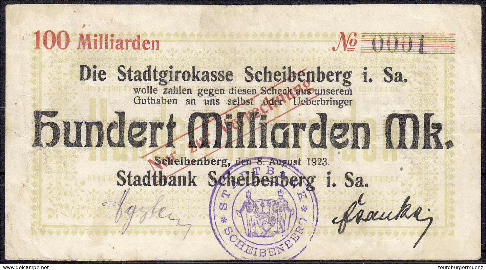 Stadtbank, 100 Mrd. Mark 8.8.1923 KN. 0001. III, Fleckig. Keller 4951. - [11] Local Banknote Issues