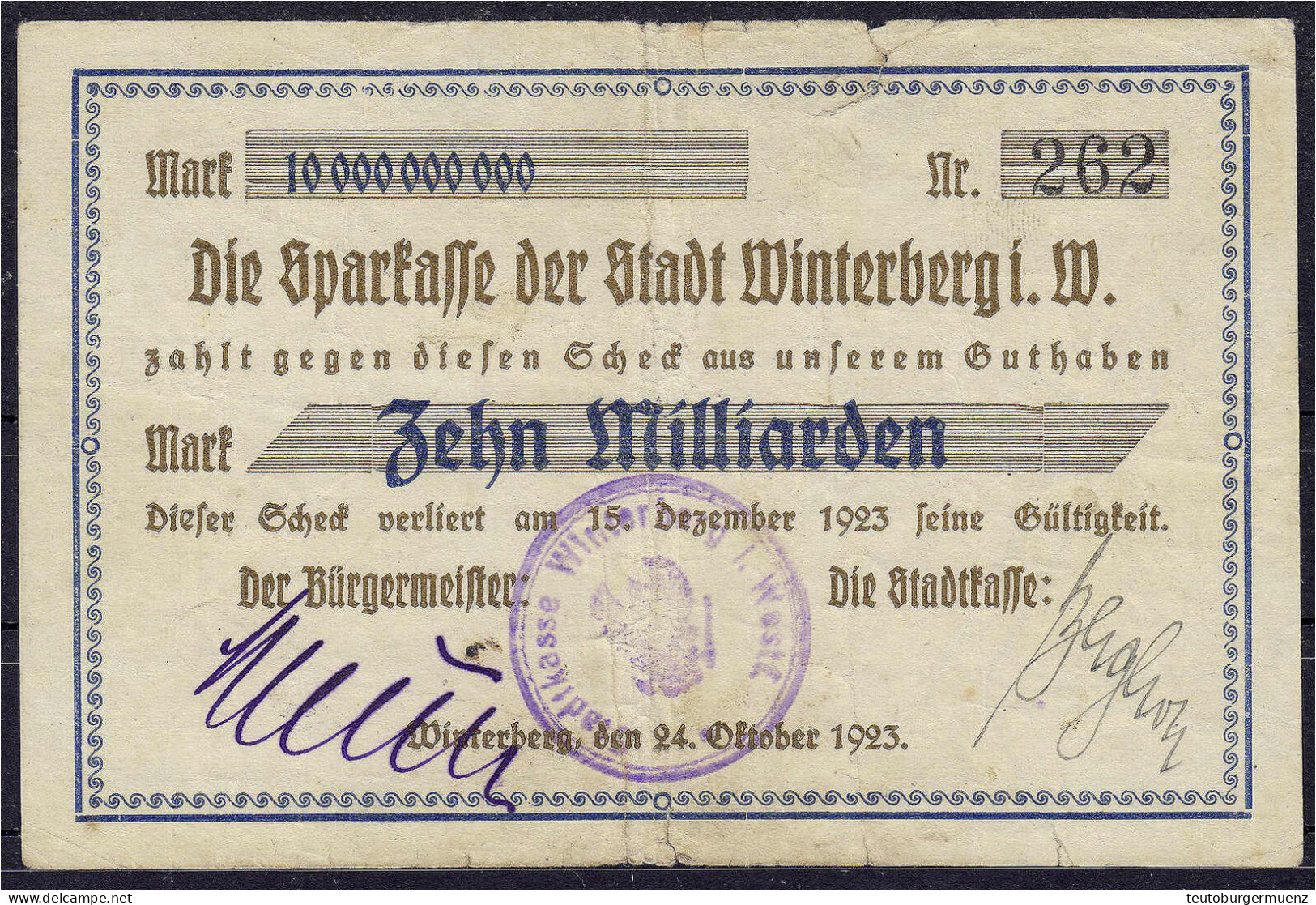 Stadtkasse, 10 Mrd. Mark 24.10.1923. Fabrik Wz., Handschriftliche Unterschrift. III-, Einrisse, Sehr Selten. Topp 918.17 - [11] Lokale Uitgaven
