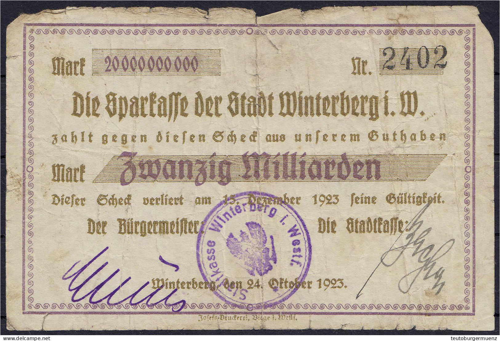 Stadtkasse, 20 Mrd. Mark 24.10.1923. Fabrik Wz., Handschriftliche Unterschrift. IV, Einrisse, Sehr Selten. Topp 918.18. - Lokale Ausgaben