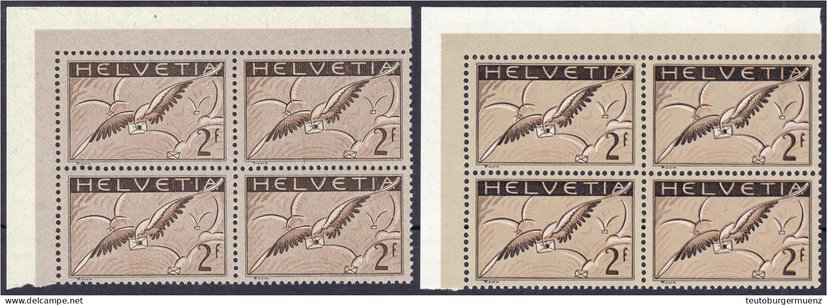 2 Fr. Brieftaube 1930, Zwei Viererblöcke In Postfrischer Luxuserhaltung Aus Der Linken Oberen Bogenecke, Papier ,,x" Und - Autres & Non Classés