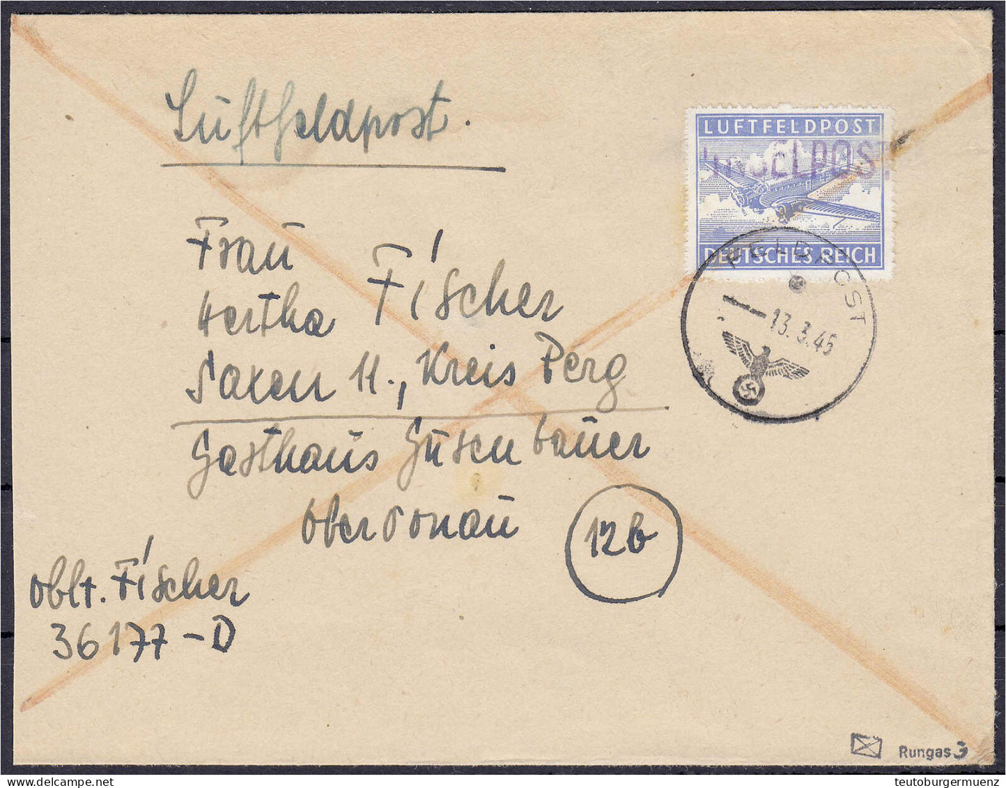 Insel Leros 1945, Sauber Entwertet Auf Brief, Zähnung ,,B", Aufdrucktype ,,schwarzblauviolett", Signiert Rungas. Mi. 1.2 - Feldpost 2e Guerre Mondiale