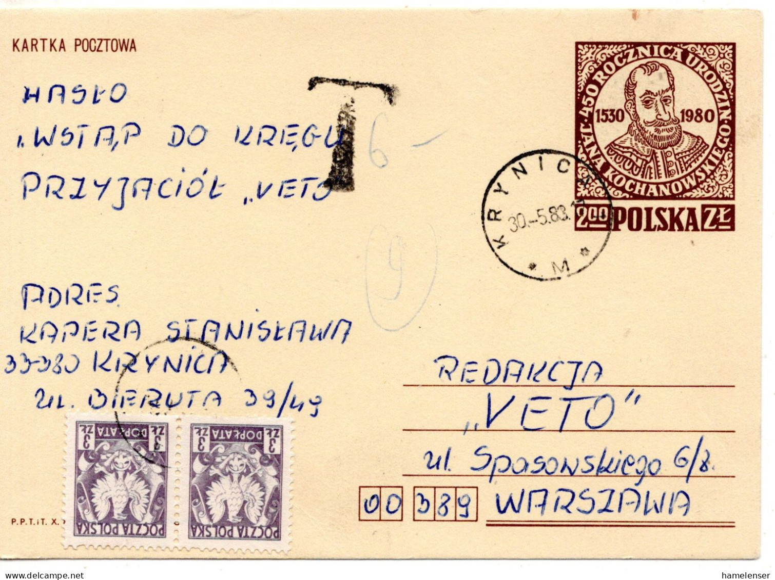 71666 - Polen - 1983 - 2Zl Kochanowski GASoKte KRYNICA -> WARSZAWA, M 6Zl Nachporto - Postage Due