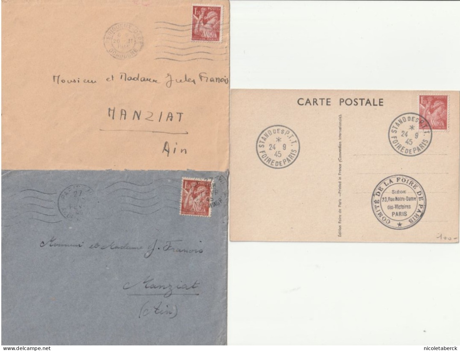 Iris, N°652 (Y&T) 2 Enveloppes + 1 Carte Foire De Paris 24/9/45 - 1939-44 Iris