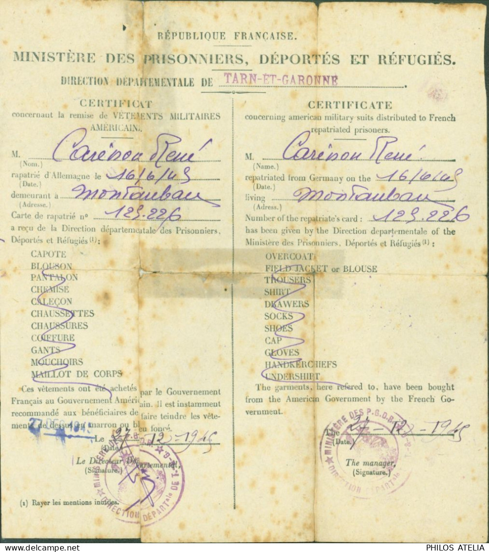 Guerre 40 Ministère Déportés Réfugiés Tarn & Garonne Certificat Remise Vêtements Militaires Américains Montauban - Guerra Del 1939-45