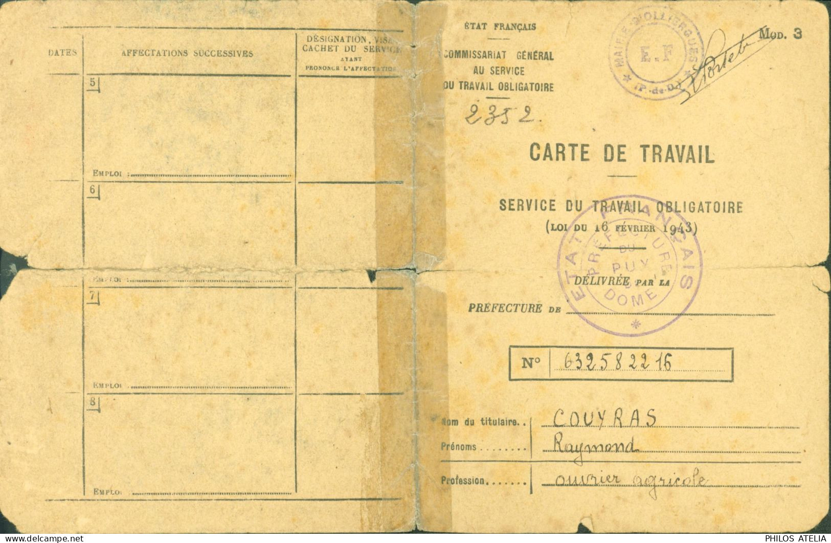 Guerre 40 Etat Français Puy De Dôme Olliergues Commissariat Général Au Service Du Travail Obligatoire Carte De STO - WW II