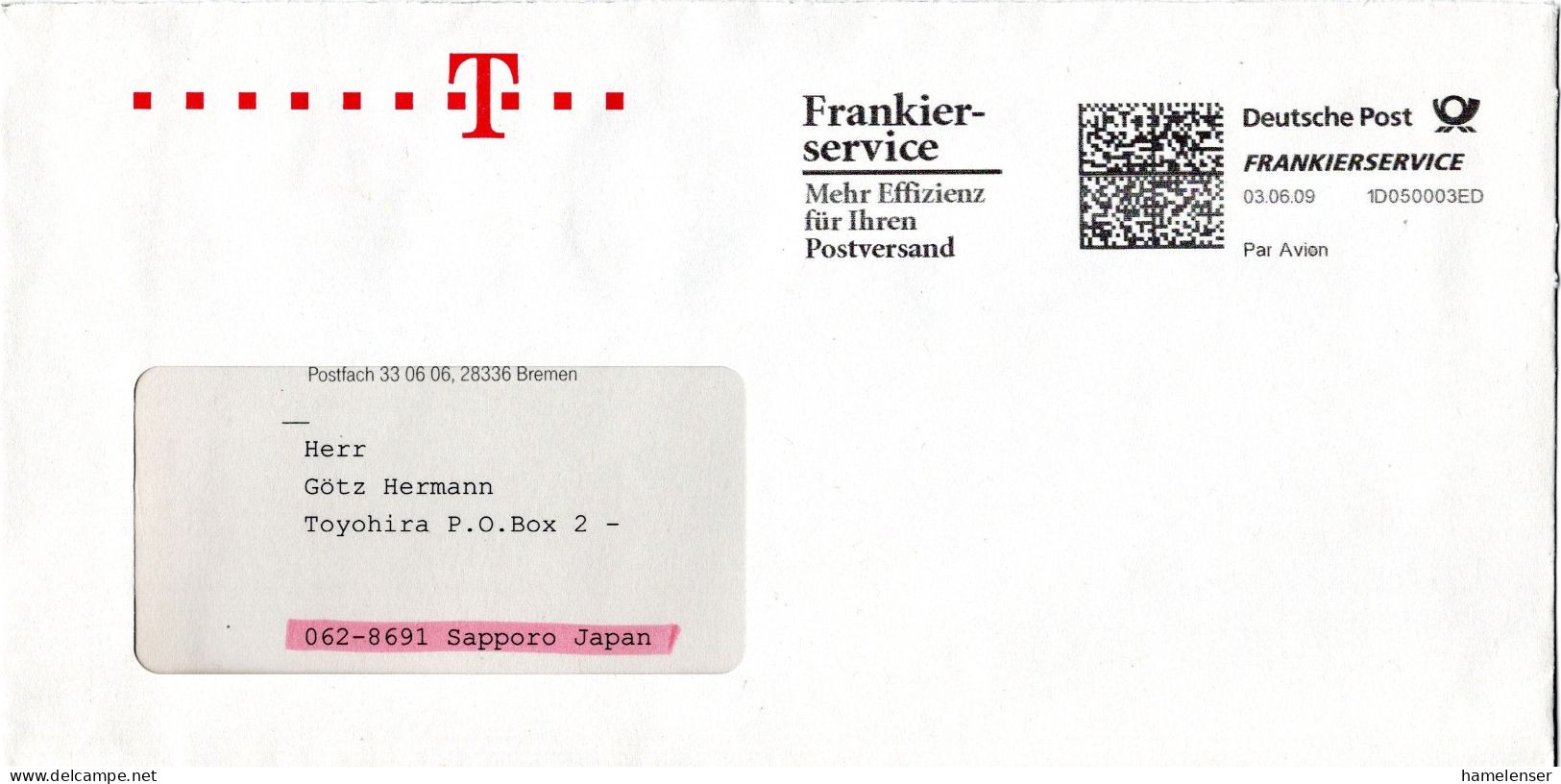 L71670 - Bund - 2009 - Freistpl A LpBf DEUTSCHE POST FRANKIERSERVICE -> Japan - Lettres & Documents