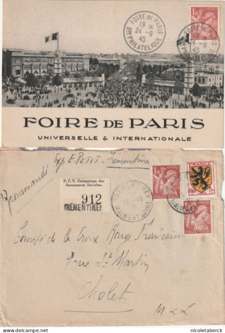 Iris, N° 652(Y&T) 1 Carte Foire De Paris + Lettre Avec étiquette PTT Assurances Sociales. Rare - 1939-44 Iris