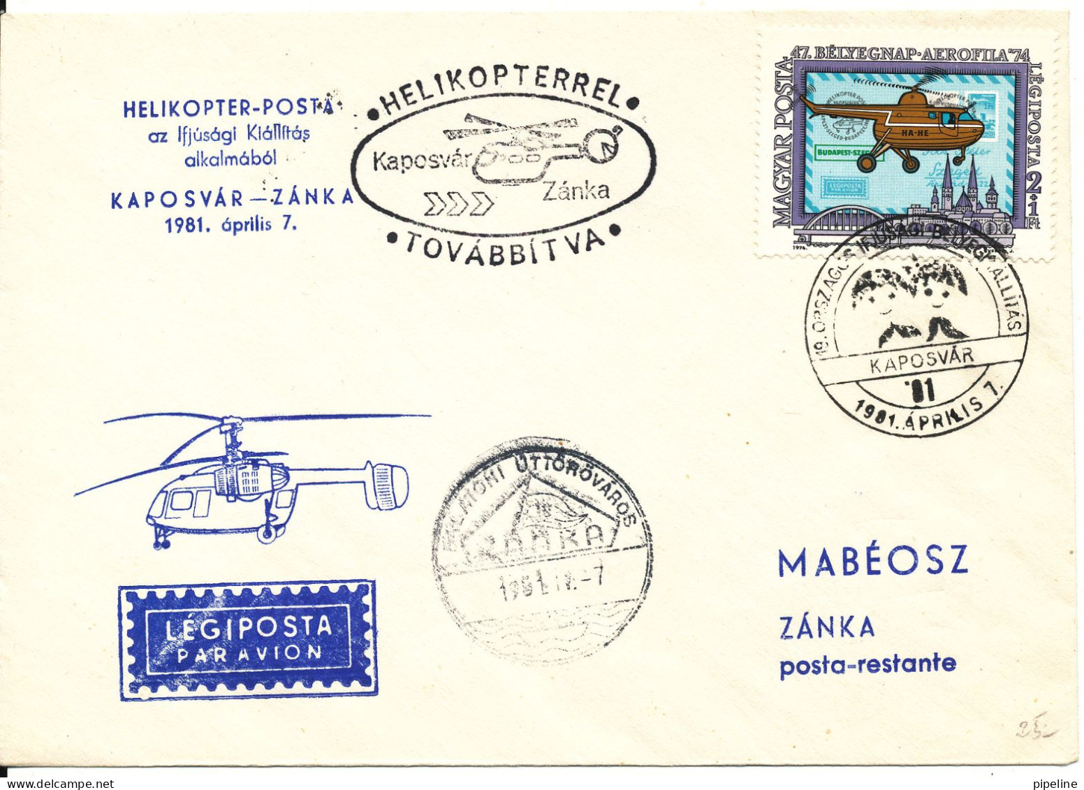 Hungary Air Mail Cover 7-4-1981 Helicopter Flight Kaposvár-Zánka 19th. National Youth Stamp Exhibition - Briefe U. Dokumente