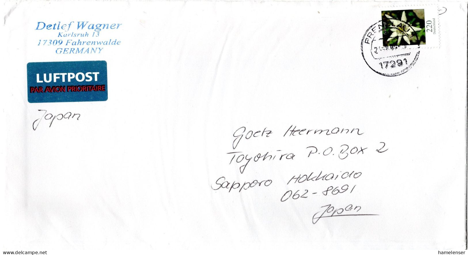 L71675 - Bund - 2009 - 220c Blumen EF A LpBf PRENZLAU -> Japan - Storia Postale