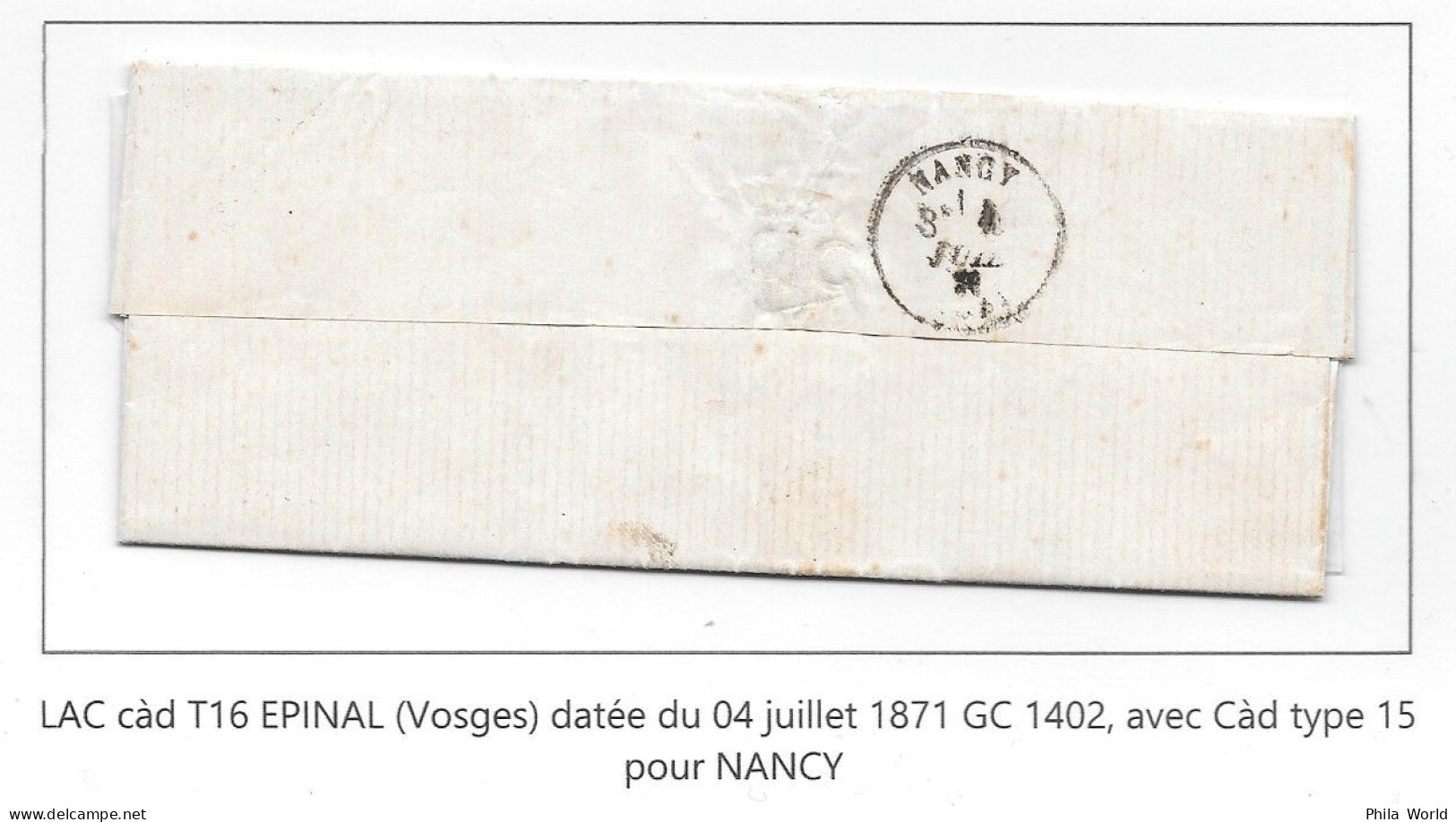 Lettre LAC 1871 Paire 5c Vert EMPIRE Napoléon YT 20 + 10c Bistre YT28B GC 1402 T16 EPINAL > NANCY - 1870 Beleg Van Parijs