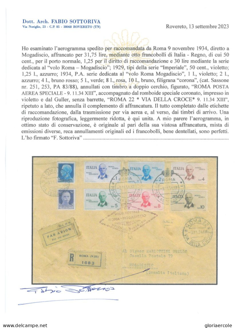 P2067 - ITALIA REGNO. 1934 BUSTA VIAGGIATA NEL VOLO SPECIALE ROMA MOGADISCIO, CON LA SERIE COMPLETA SASS.83/88. - Poststempel (Flugzeuge)