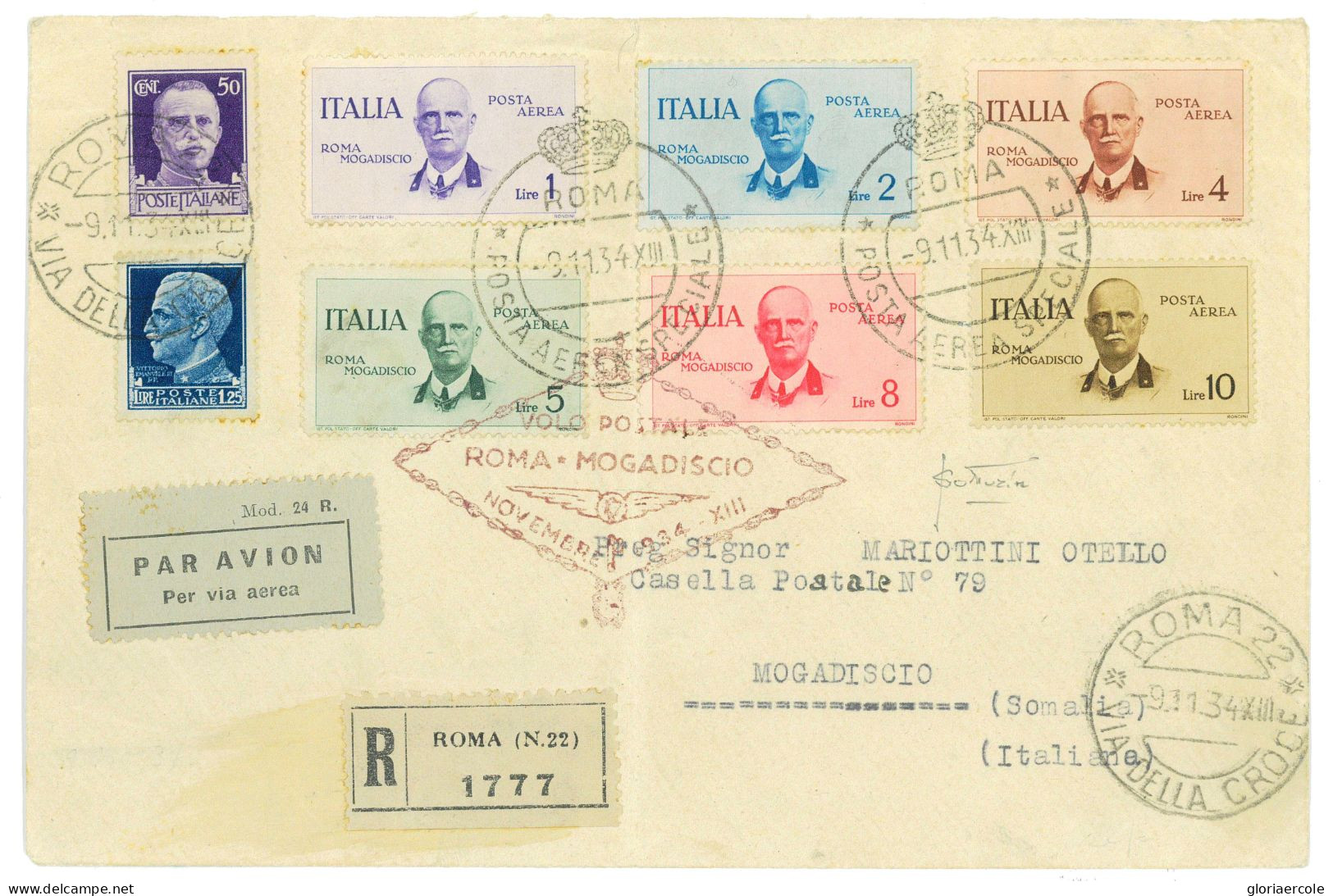 P2068 - ITALIA REGNO. 1934 BUSTA VIAGGIATA NEL VOLO SPECIALE ROMA MOGADISCIO, CON LA SERIE COMPLETA SASS.83/88. - Marcophilie (Avions)