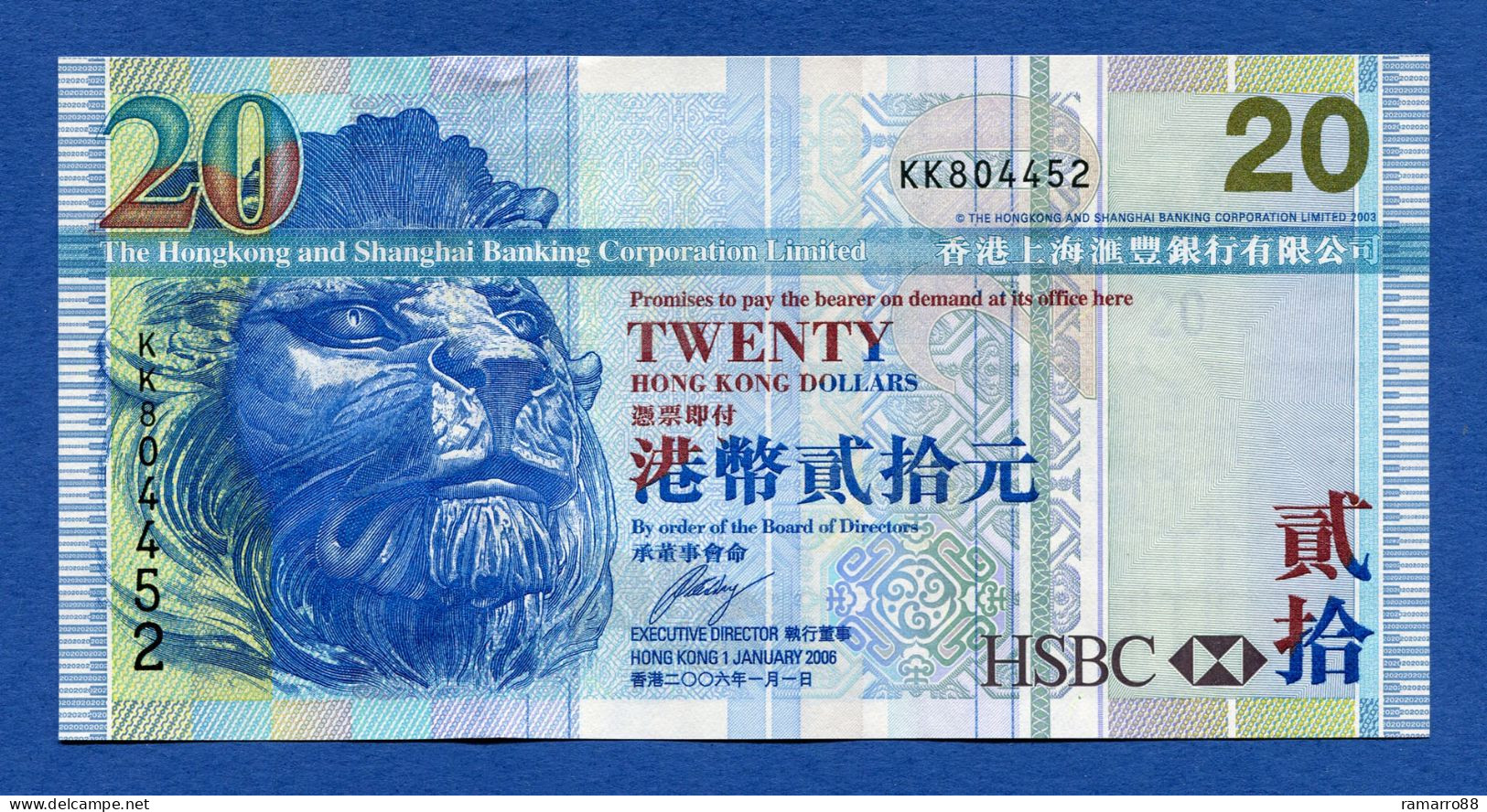 Hong Kong - 20 $ Dollars 2006 HSBC - Hongkong & Shanghai Banking Corporation - Pick # 207 - Unc - Hong Kong