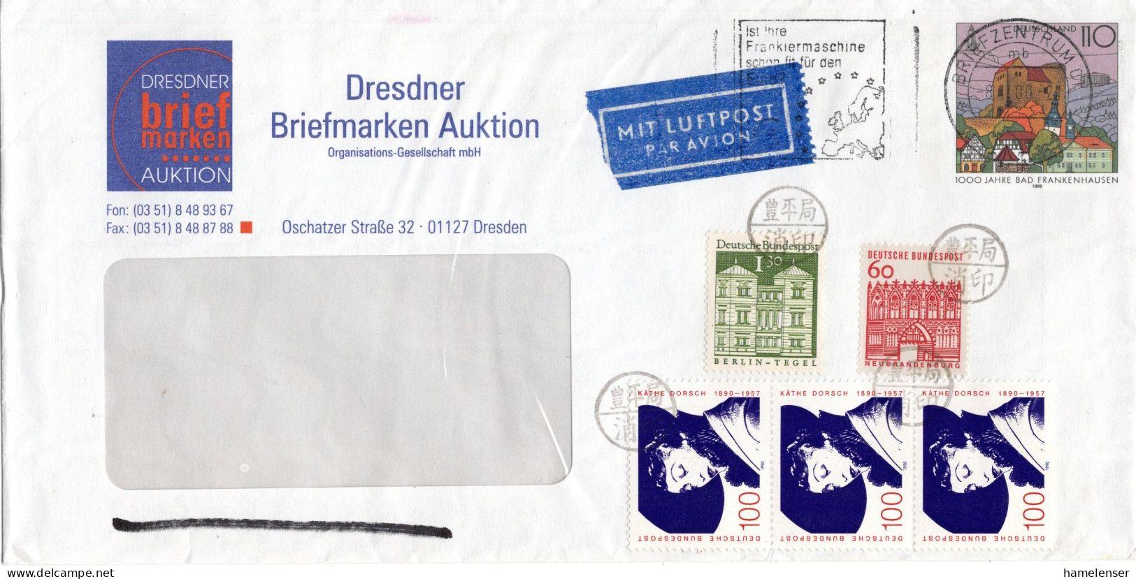 L71681 - Bund - 2000 - 110Pfg GAUmschl M ZusFrank BRIEFZENTRUM 01 -> TOYOHIRA (Japan), M "Nachtraeglich Entwertet"-Stpl - Cartas & Documentos