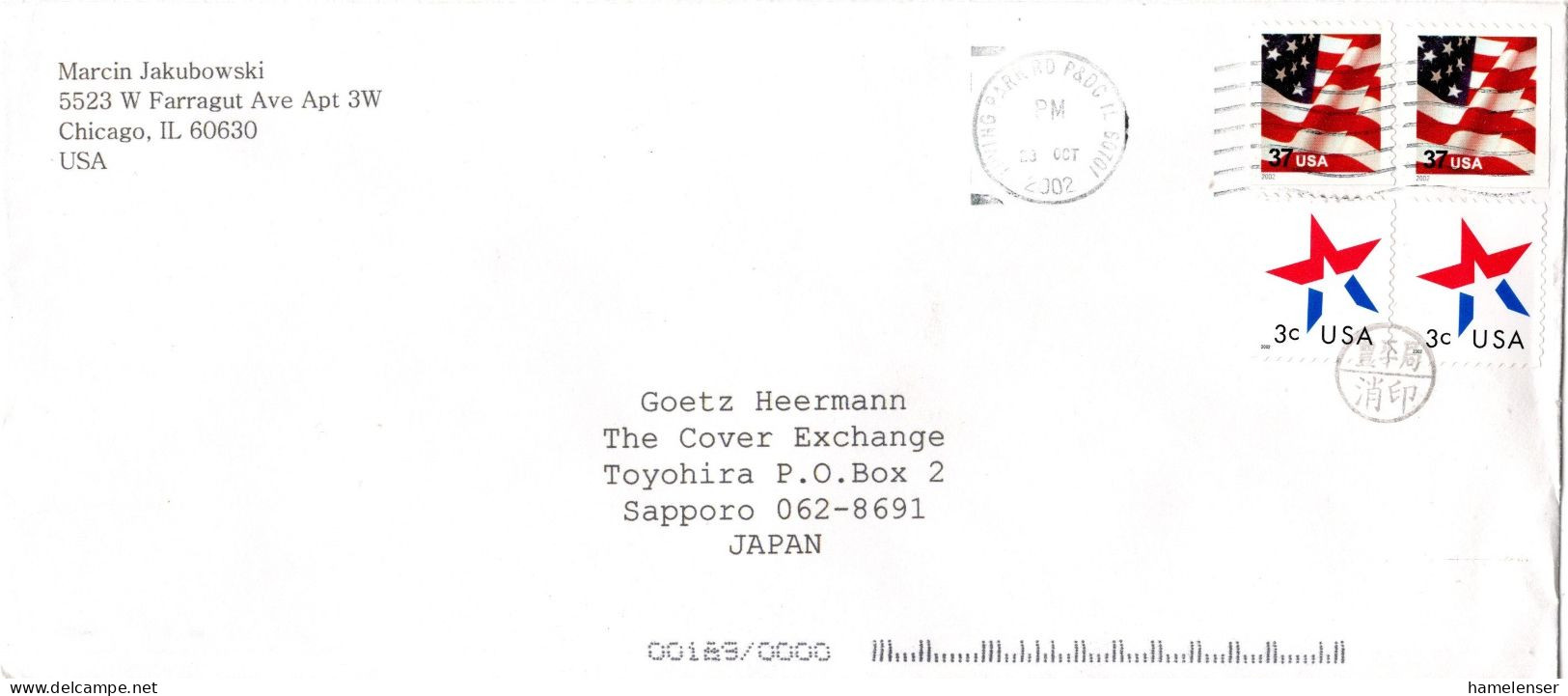 L71684 - USA - 2002 - 2@37¢ Flagge MiF A LpBf IRVING PARK, IL -> TOYOHIRA (Japan), M "Nachtraeglich Entwertet"-Stpl - Briefe U. Dokumente