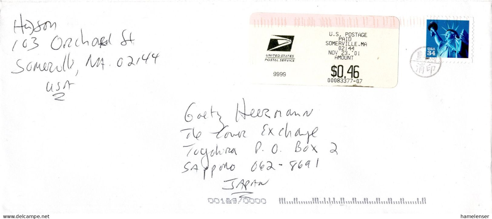 L71686 - USA - 2001 - 34¢ Liberty MiF A LpBf SOMERVILLE, MA -> TOYOHIRA (Japan), M "Nachtraeglich Entwertet"-Stpl - Cartas & Documentos