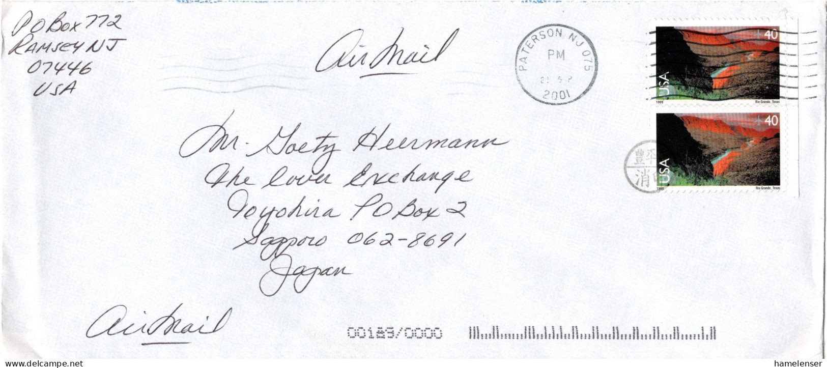 L71688 - USA - 2001 - 2@40¢ Rio Grande A LpBf PATERSON, NJ -> TOYOHIRA (Japan), M "Nachtraeglich Entwertet"-Stpl - Storia Postale