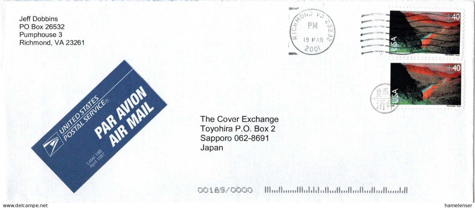 L71689 - USA - 2001 - 2@40¢ Rio Grande A LpBf RICHMOND, VA -> TOYOHIRA (Japan), M "Nachtraeglich Entwertet"-Stpl - Lettres & Documents