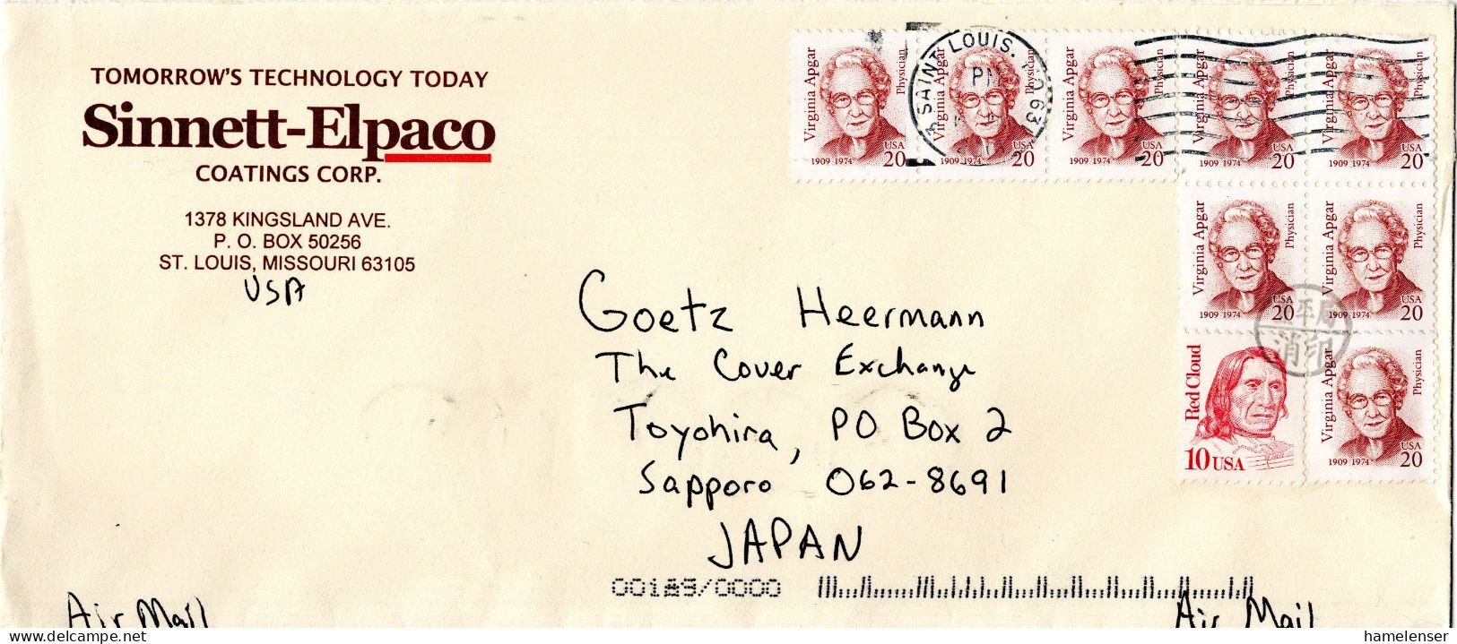 L71691 - USA - 2001 - 8@20¢ Apgar MiF A LpBf SAINT LOUIS MO -> TOYOHIRA (Japan), M "Nachtraeglich Entwertet"-Stpl - Cartas & Documentos