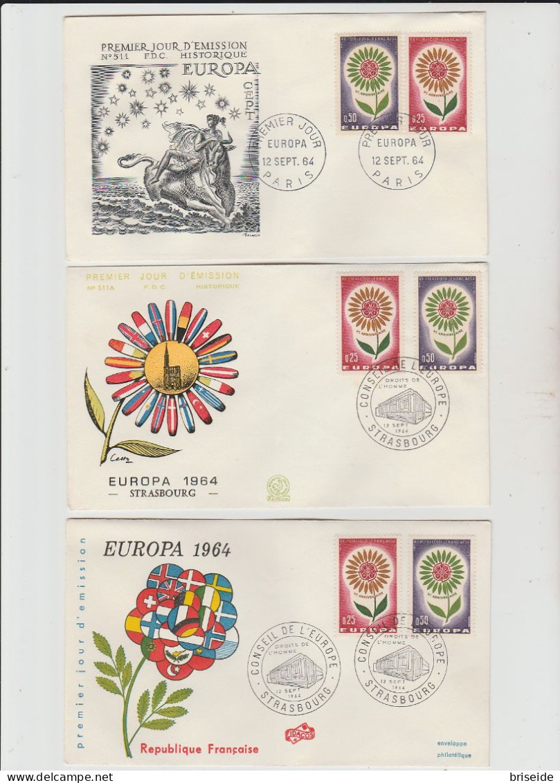 1964 N.3 BUSTE EUROPA CEPT PREMIER JOUR D'EMISSION FIRST DAY COVER ERSTTAGSBRIEF 1°GIORNO EMISSIONE REPUBLIQUE FRANCAISE - 1964