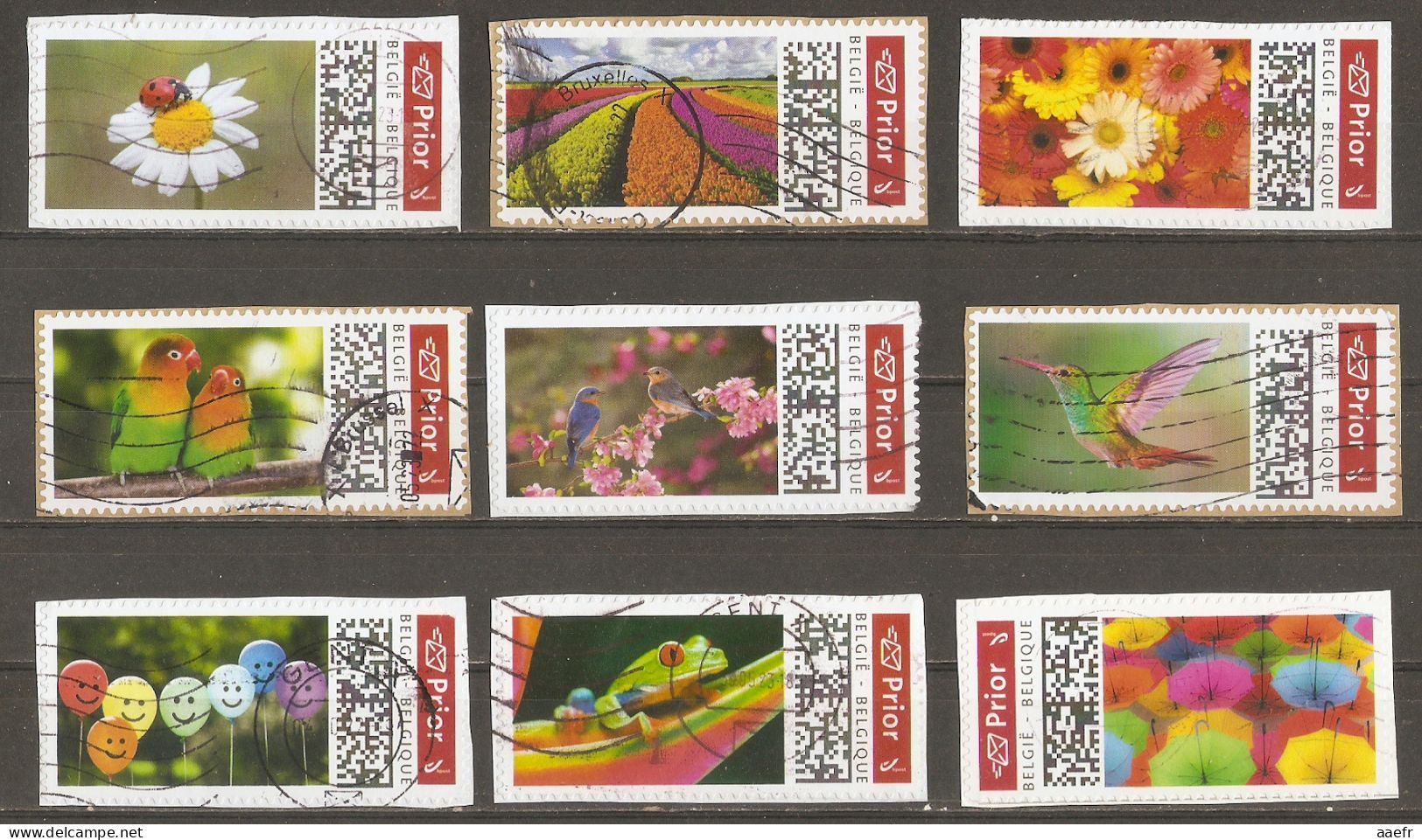 Belgique - Petit Lot De 9 Duostamps + QR Code Sur Fragments - Oiseaux -  Ballons - Grenouille - Fleurs - Parapluies - Autres & Non Classés