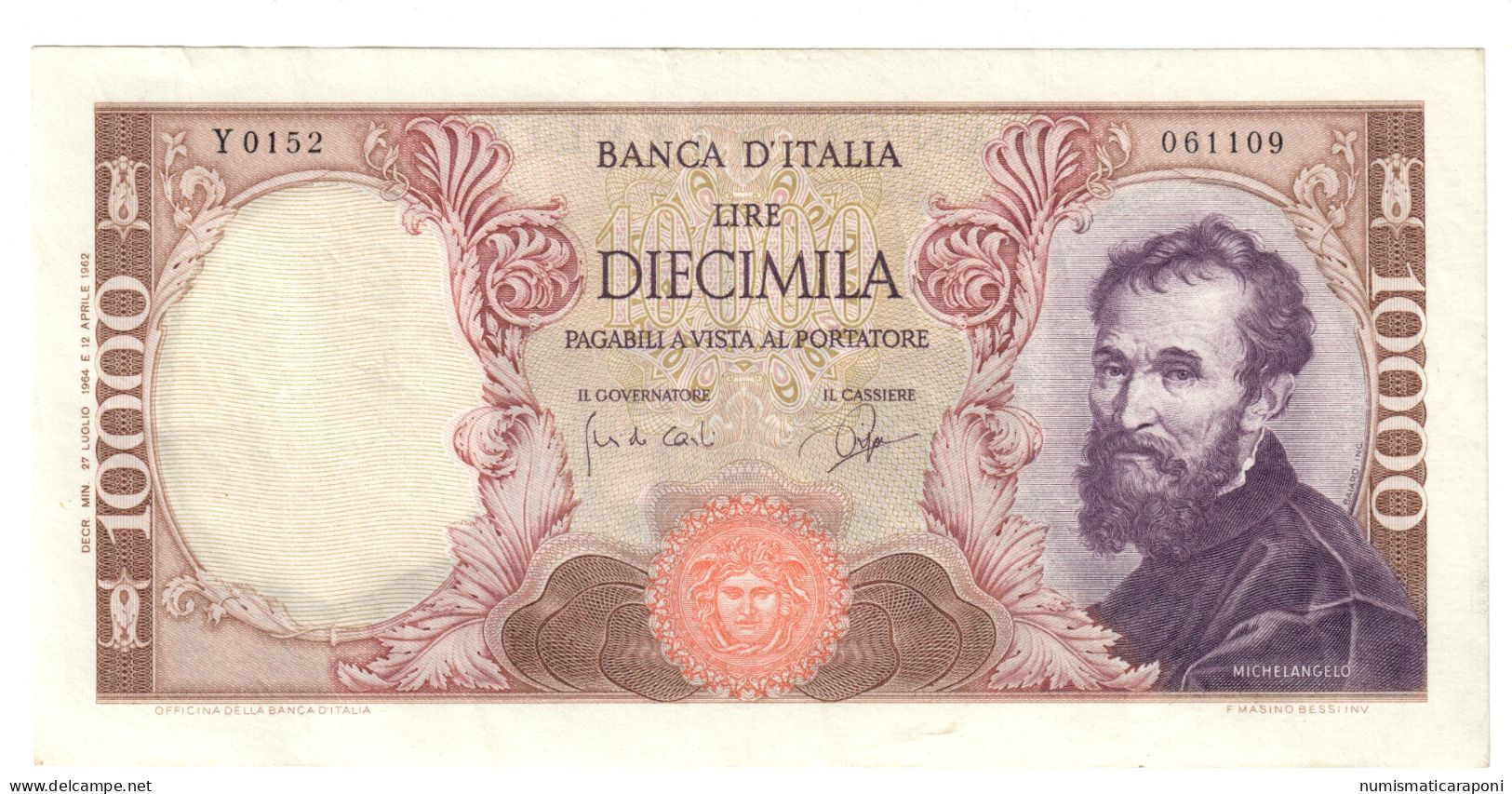 10000 Lire Michelangelo 27 07 1964 Bb+/Q.spl RARO LOTTO 653 - 10.000 Lire