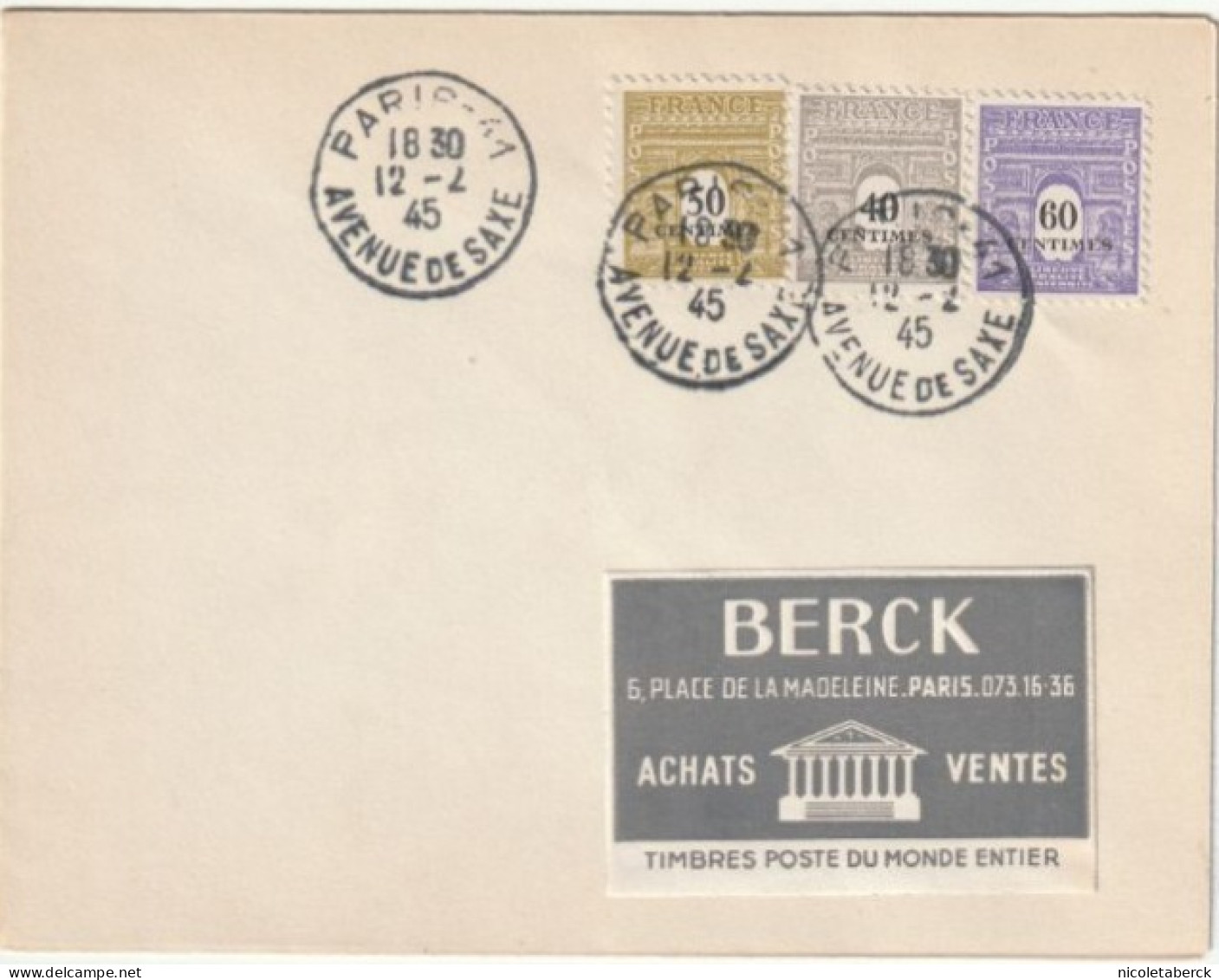 Arc De Triomphe  N°703/5(Y&T)1er Jour Ayant Voyagée. Rare.  Collection BERCK. - 1944-45 Arco Di Trionfo