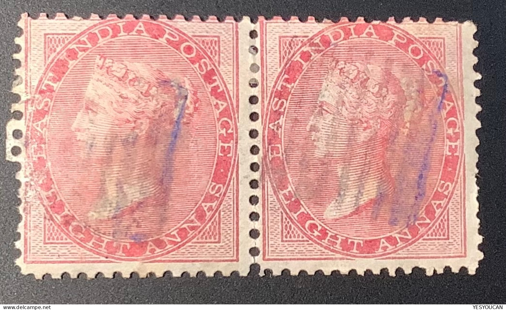 India 1865 SG 65 = 190£++ 8a Carmine Pair With Rare Variety Shifted Elefant Wmk F-VF With Scarce Pmk (Queen Victoria - 1858-79 Kronenkolonie