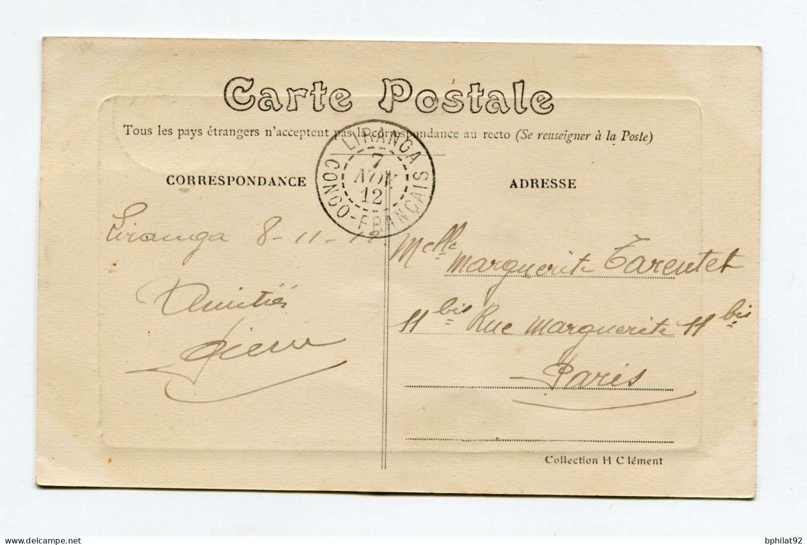 !!! CONGO, CPA DE BRAZZAVILLE POUR PARIS, CACHET DE LIRANGA DE 1912 - Briefe U. Dokumente