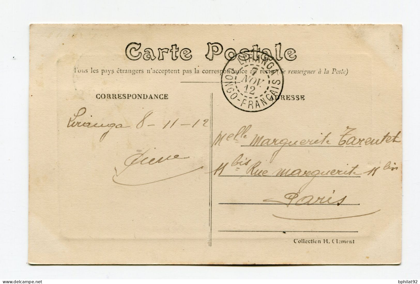 !!! CONGO, CPA DE BRAZZAVILLE POUR PARIS, CACHET DE LIRANGA DE 1912 - Cartas & Documentos