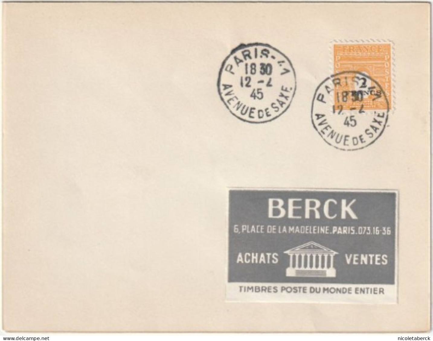 Arc De Triomphe  N°709(Y&T) 1er Jour Ayant Voyagé 12/2/45. Rare. Collection BERCK. - 1944-45 Triumphbogen