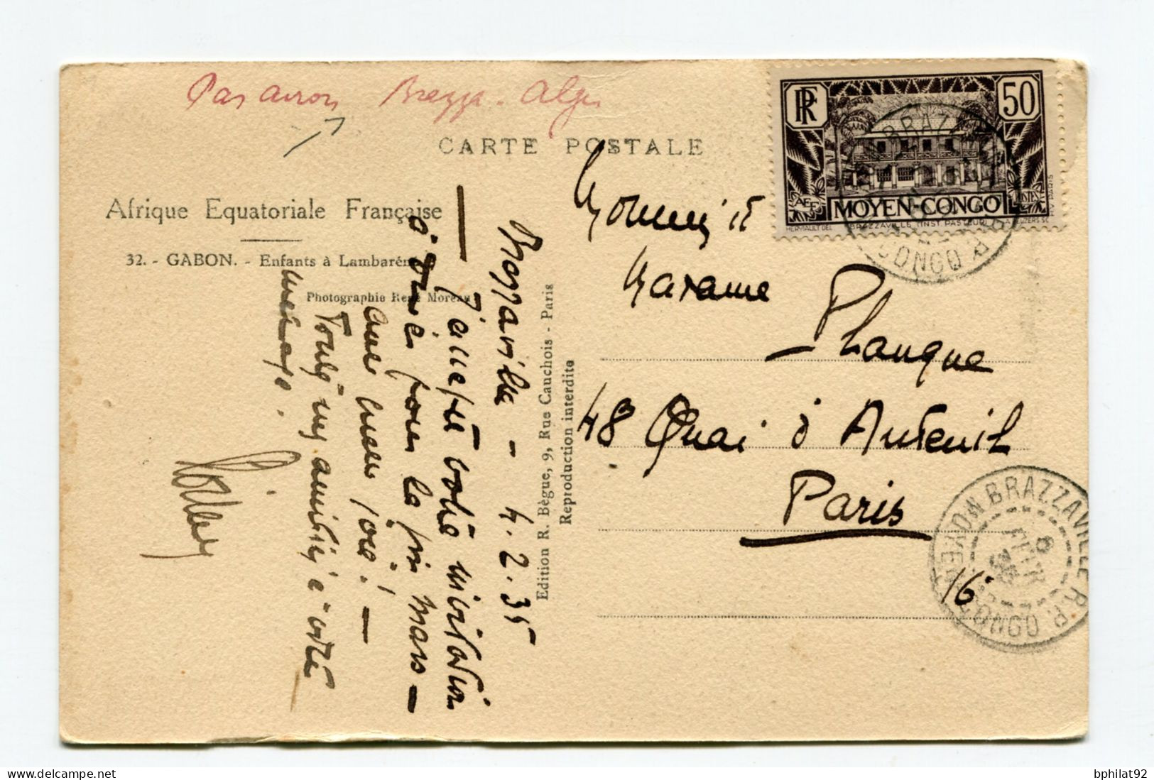 !!! CONGO, CPA DE 1935 POUR PARIS, CACHET DE BRAZZAVILLE - Briefe U. Dokumente