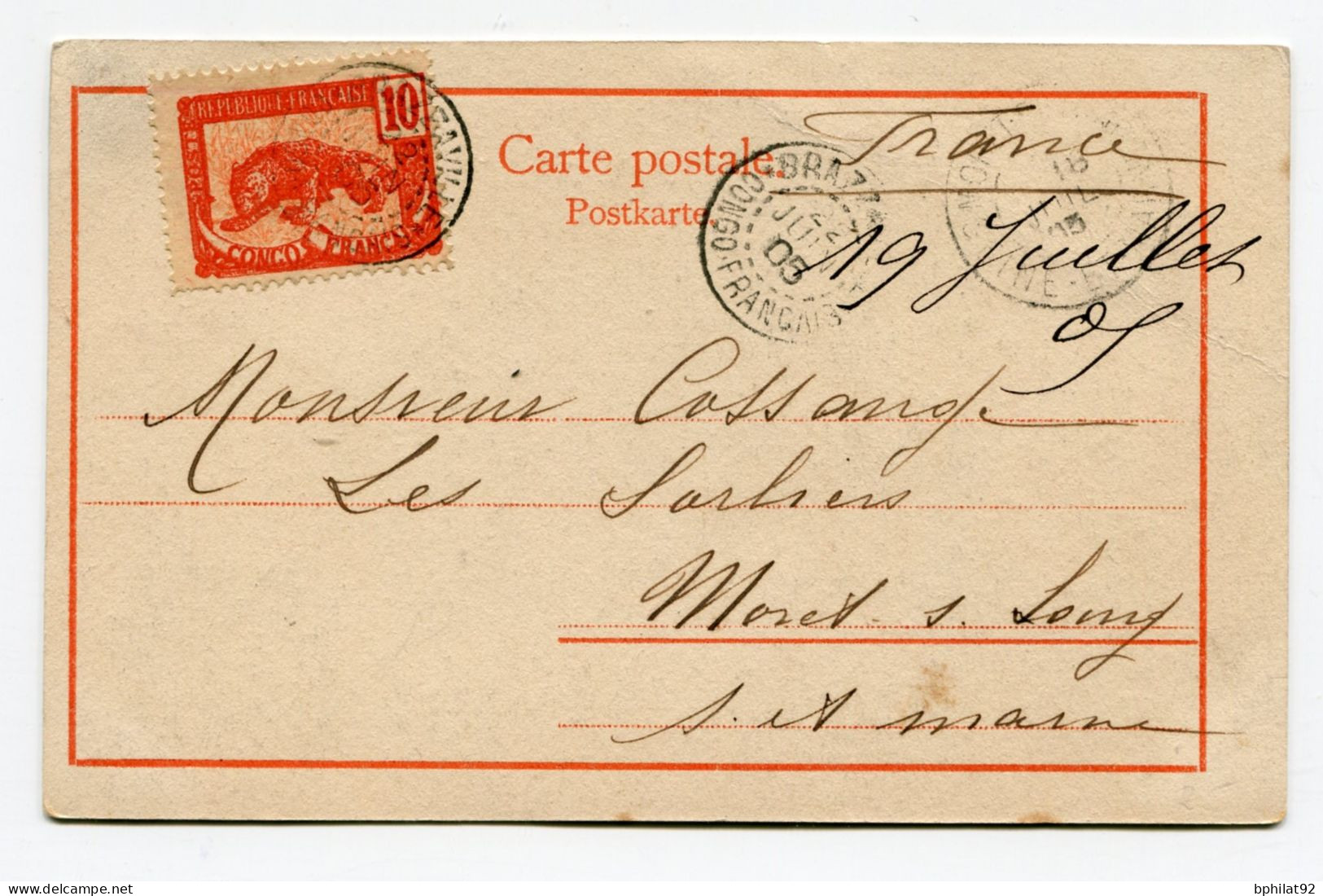 !!! CONGO, CPA DE 1905 POUR MORET SUR LOING, AFFRANCH PANTHERE, CACHET DE BRAZZAVILLE - Briefe U. Dokumente