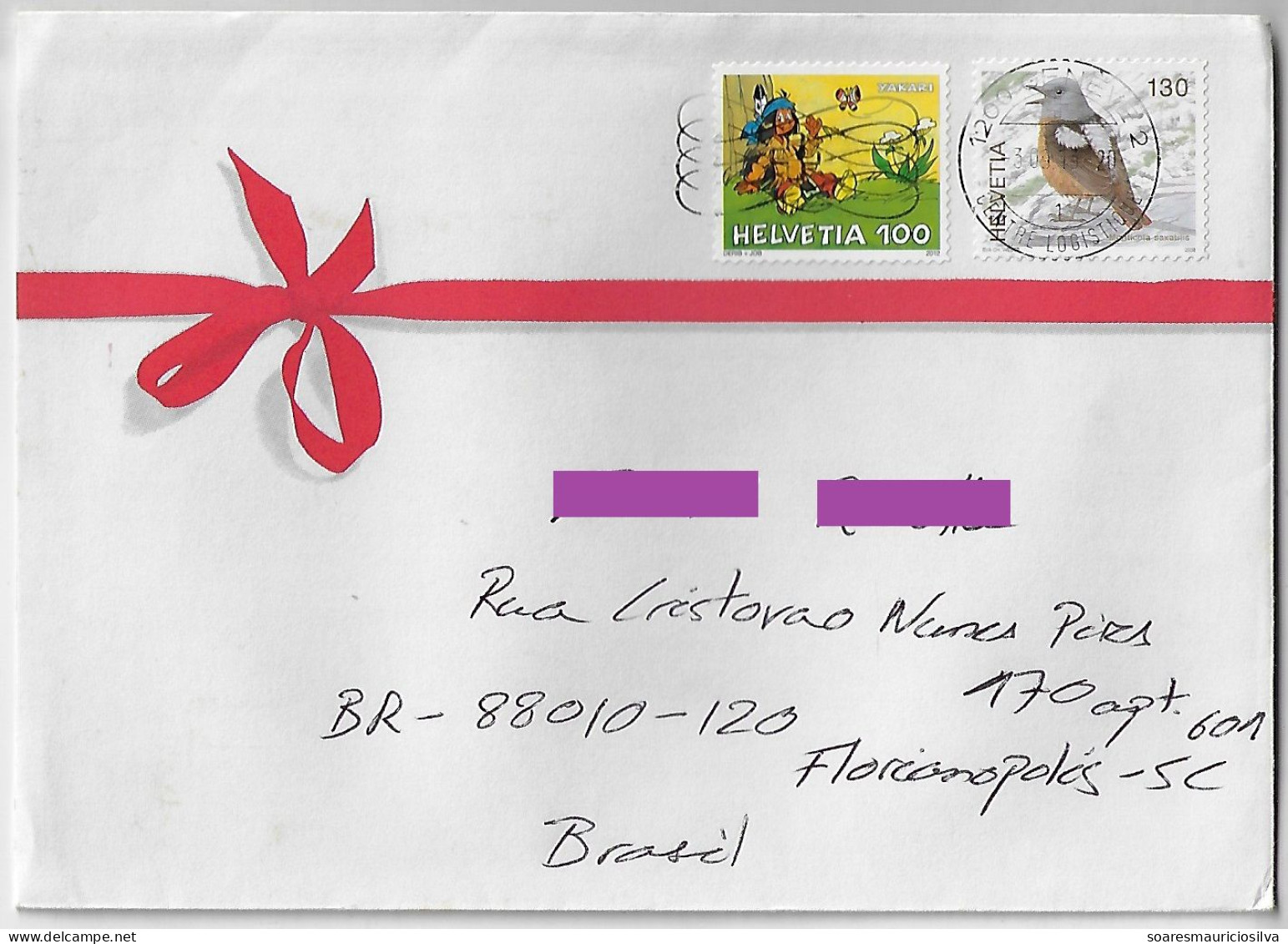 Switzerland 2013 Cover Geneve To Brazil Stamp Common Rock Thrush Sioux Native American Character Electronic Sorting Mark - Cartas & Documentos