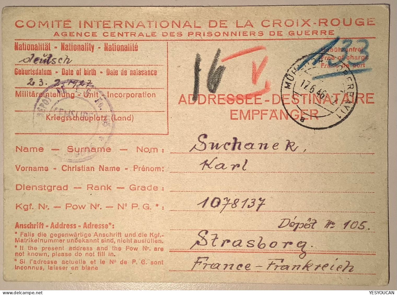 1946 POW/KGF ROTKREUZ PORTOFREIHEIT: MÜHLDORF AM INN OBERBAYERN>Strasbourg France (WW2 Croix Rouge Prisonnier De Guerre - Lettres & Documents