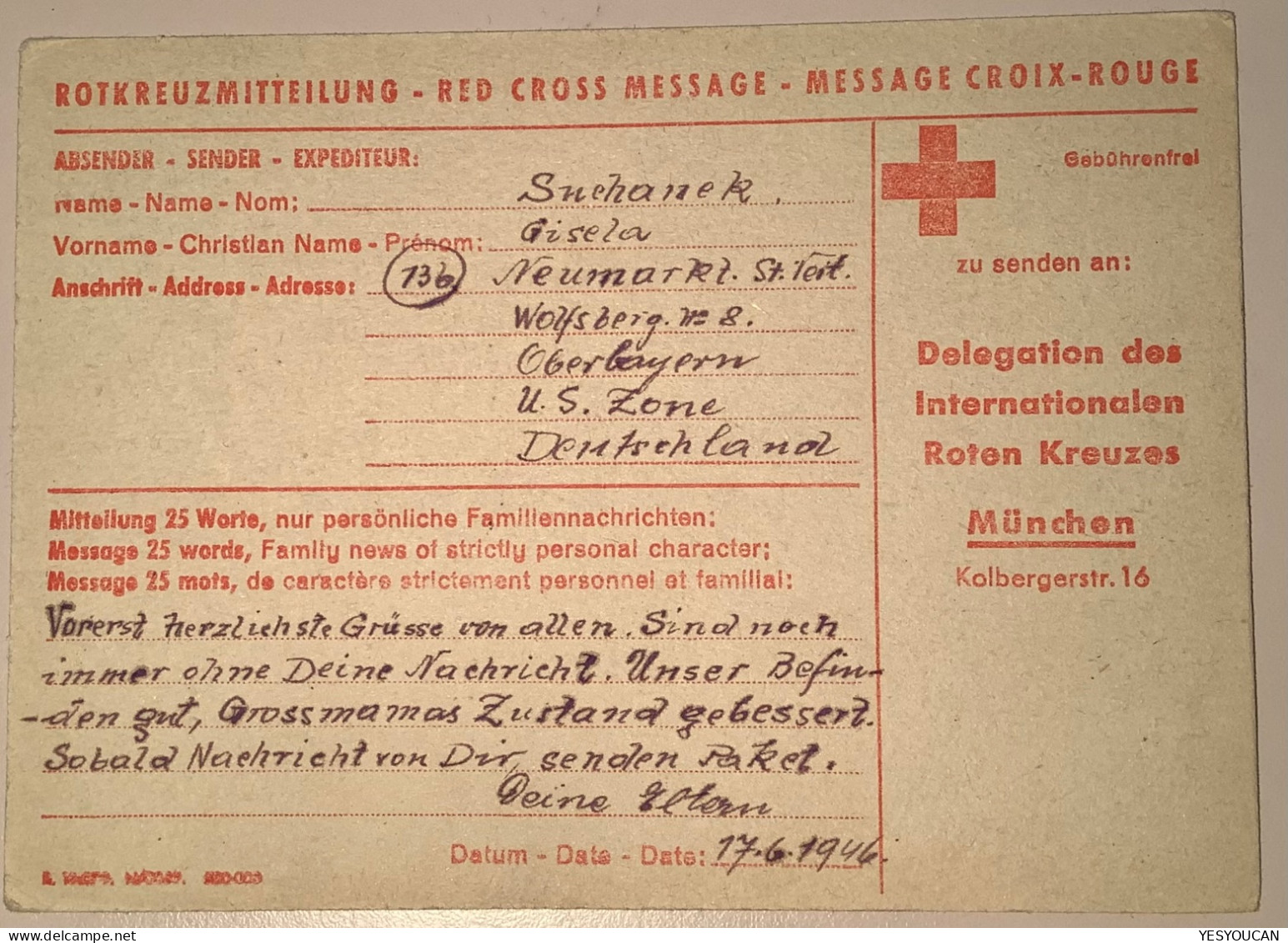 1946 POW/KGF ROTKREUZ PORTOFREIHEIT: MÜHLDORF AM INN OBERBAYERN>Strasbourg France (WW2 Croix Rouge Prisonnier De Guerre - Lettres & Documents