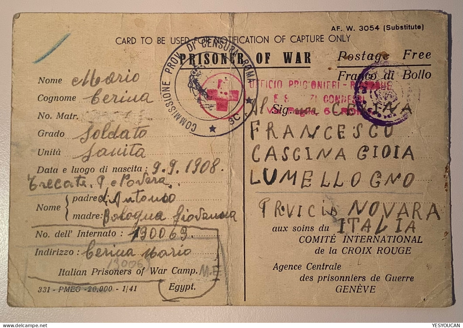 1941 Italian POW In Egypt + GB Army Censored, Censura Roma, Croix Rouge Genève Prisonnier De Guerre (WW2 War Italia - Marcofilía