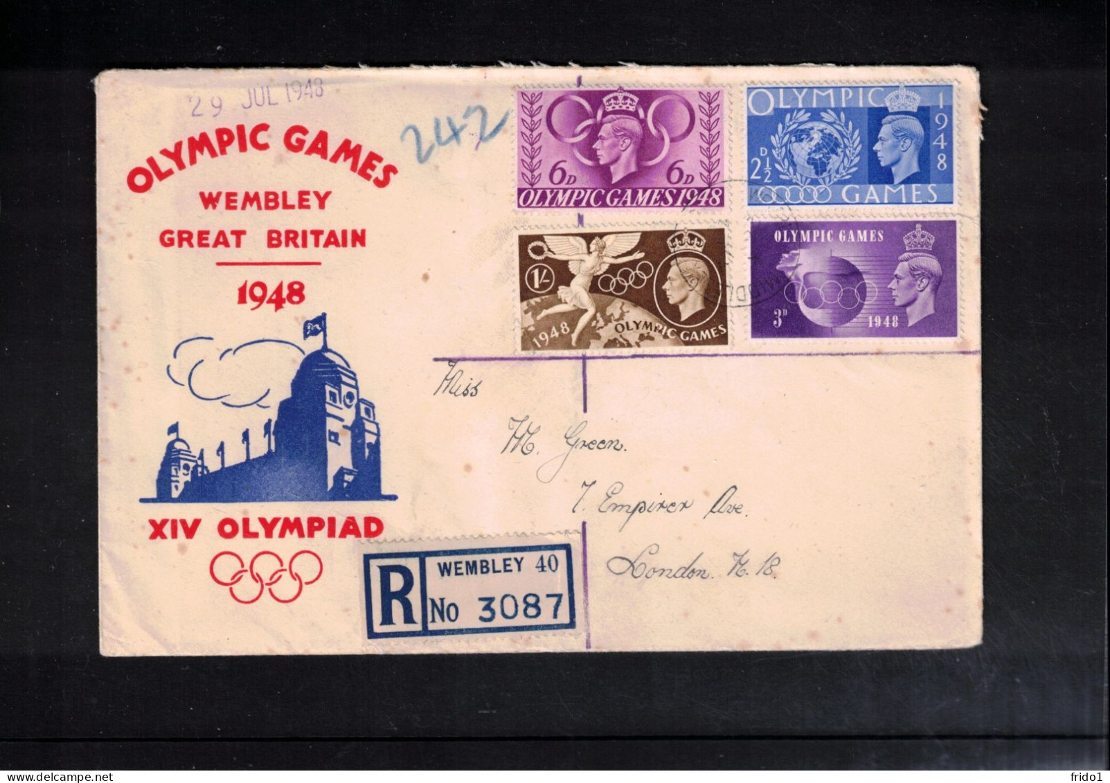 Great Britain 1948 Olympic Games London Registered Letter FDC - Summer 1948: London